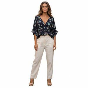 Grace and Mila – Chic Dark Navy Leaf Print Blouse (Size M)